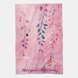 水彩エレガントつる植物(ピンク背景) キッチンタオル
