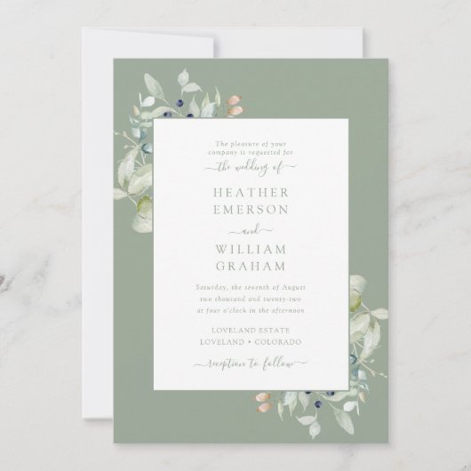 水彩エレガントなサググリーンの植物ウェディング 招待状 (正面)