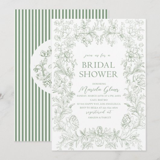 水彩エレガントな緑の花のシノワズリー ブリダ 招待状 (正面/裏面)