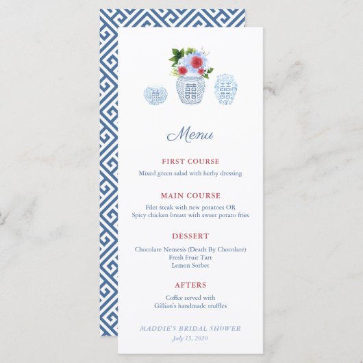 水彩エレガントな赤白青のウェディングシャワー メニュー (正面/裏面)