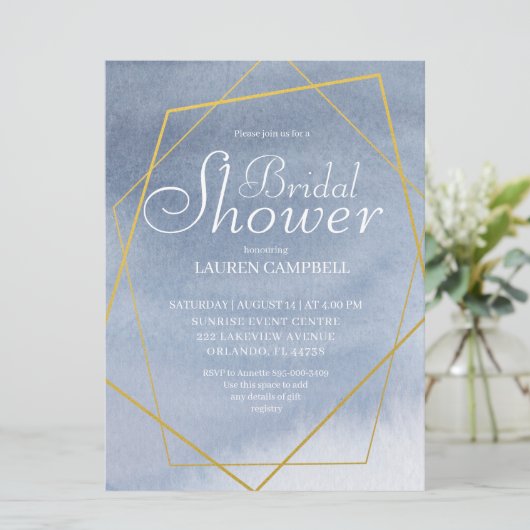 水彩エレガントほこりっぽい青金ゴールド幾何学模様 招待状 (スタンド正面)