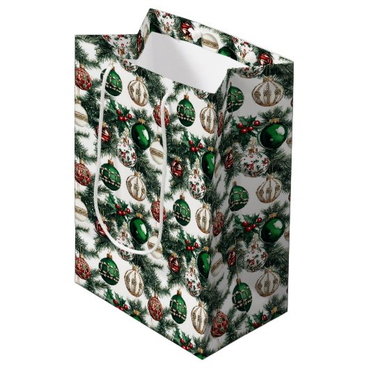 水彩エレガントクリスマスオーナメント休日 ミディアムペーパーバッグ (正面アングル)