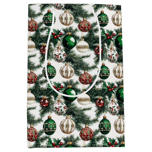 水彩エレガントクリスマスオーナメント休日 ミディアムペーパーバッグ (正面)