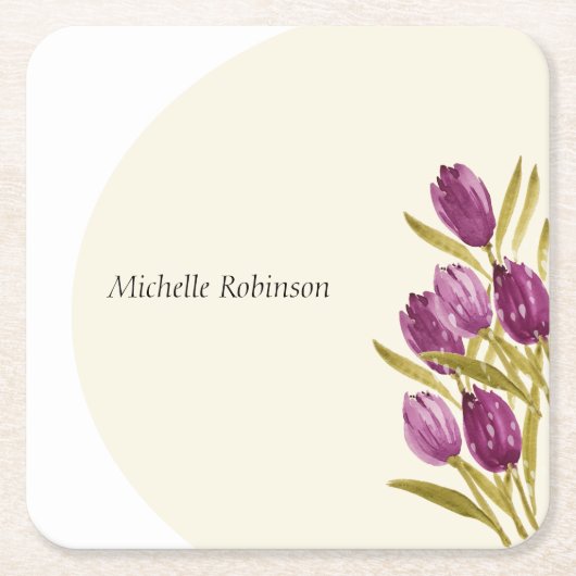 水彩エレガントチューリップ花 スクエアペーパーコースター (正面)
