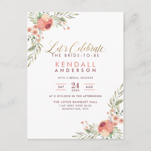 水彩エレガントバラフローラブライダルシャワー インビテーションポストカード (正面)