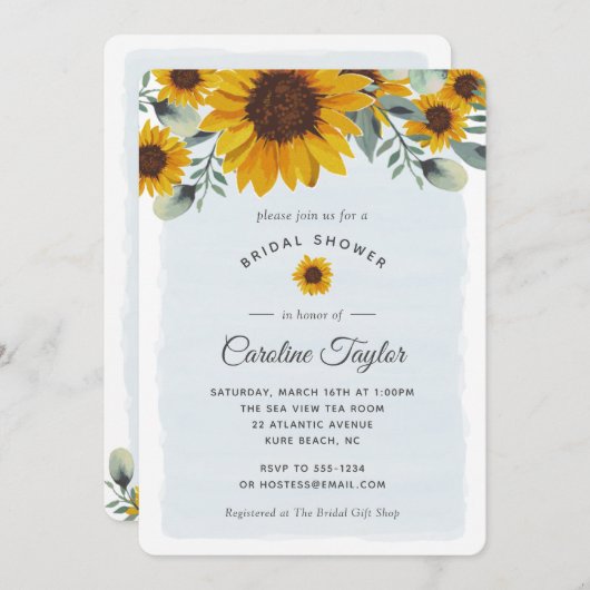 水彩エレガントヒマワリフローラブライダルシャワー 招待状 (正面/裏面)