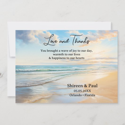 水彩エレガントビーチ結婚式写真 サンキューカード (正面)