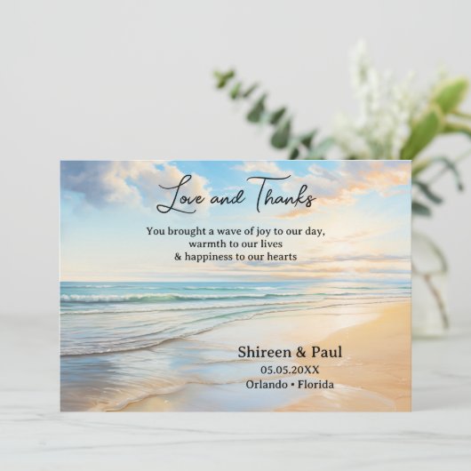 水彩エレガントビーチ結婚式写真 サンキューカード (スタンド正面)
