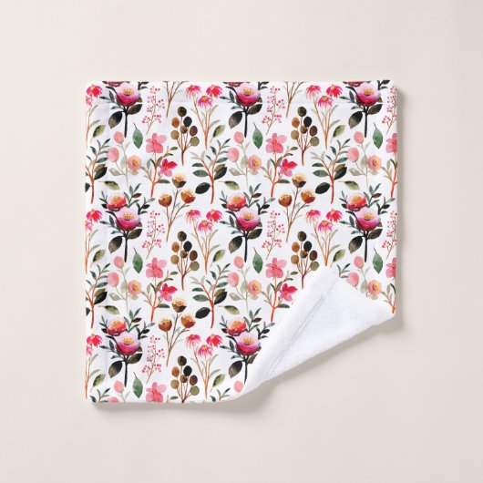 水彩エレガントピンクフローラ緑パターン バスタオルセット (ウォッシュタオル)