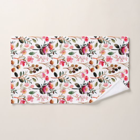 水彩エレガントピンクフローラ緑パターン バスタオルセット (ハンドタオル)