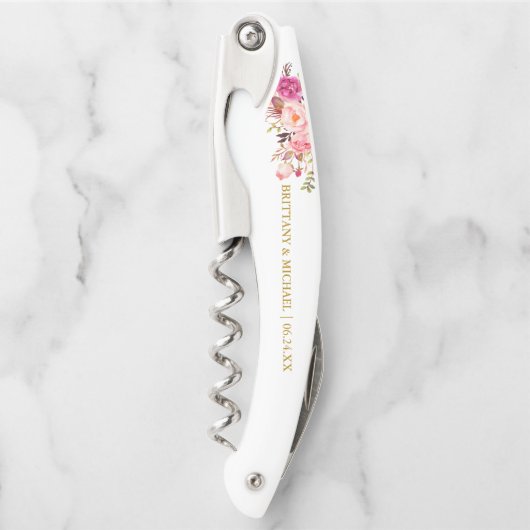 水彩エレガントピンクフローラ金ゴールド結婚ズ ソムリエナイフ (正面)