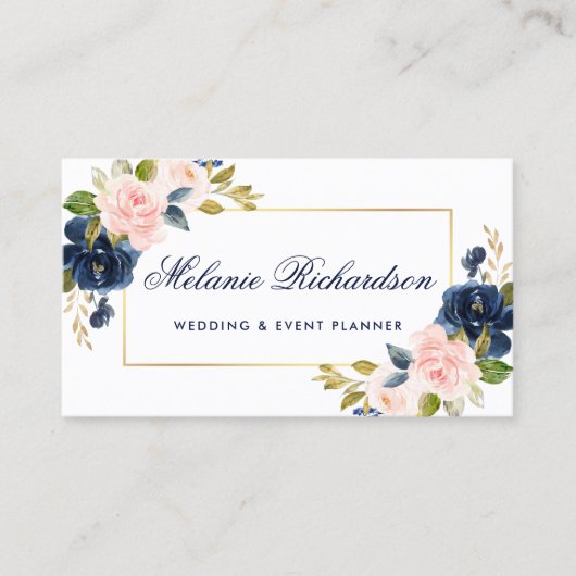 水彩エレガントピンク赤面フローラ青金ゴールド 名刺 (正面)