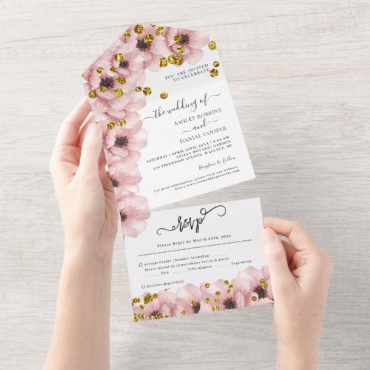 水彩エレガントフラワーゴールドウェディング オールインワン招待状 (貼ってはがせる)