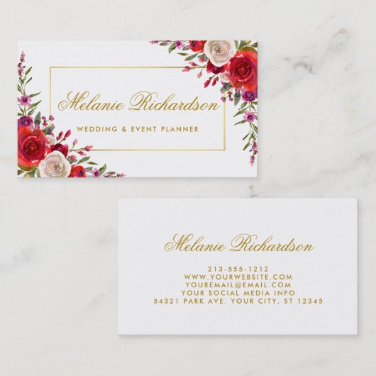 水彩エレガントフローラと金ゴールドフレーム 名刺 (正面/裏面)