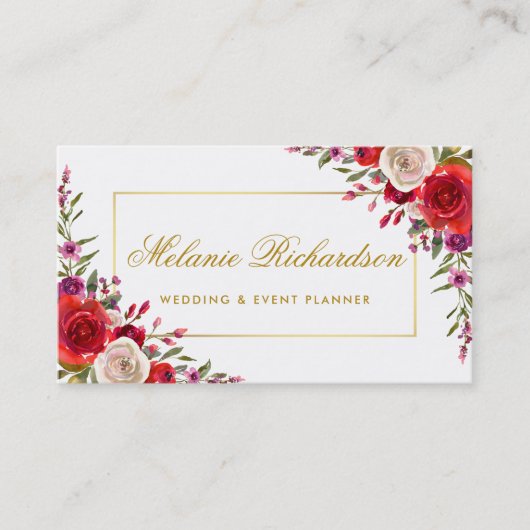 水彩エレガントフローラと金ゴールドフレーム 名刺 (正面)