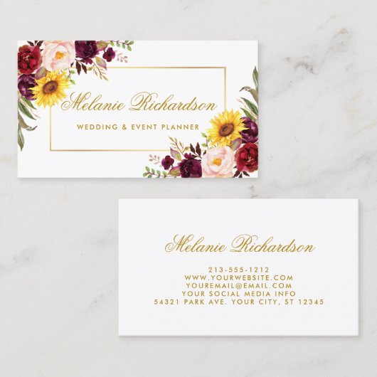 水彩エレガントフローラバーグンディサンフラワー金ゴールド 名刺 (正面/裏面)