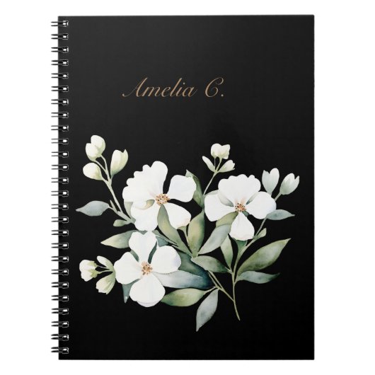 水彩エレガントフローラブラックノートブック ノートブック (正面)