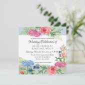 水彩エレガントフローラブルーとピンクのシダの葉 招待状 (スタンド正面)