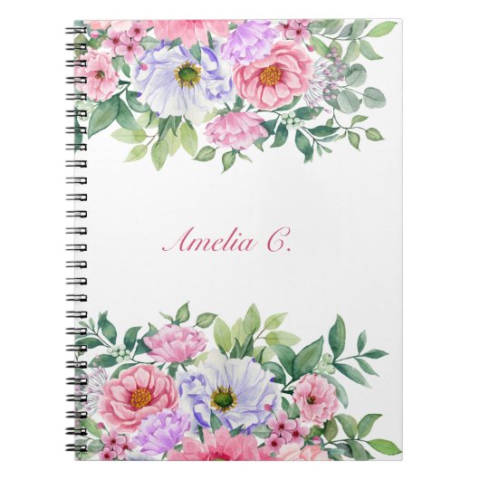 水彩エレガントフローラブーケホワイトノート ノートブック (正面)