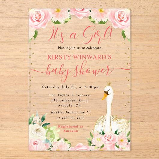 水彩エレガントフローラ白鳥ベビーシャワー アクリル招待状 (正面)