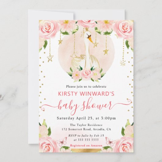 水彩エレガントフローラ白鳥ベビーシャワー 招待状 (正面)
