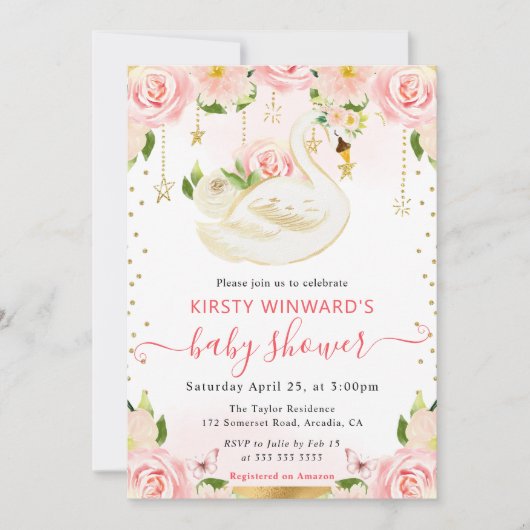 水彩エレガントフローラ白鳥ベビーシャワー 招待状 (正面)
