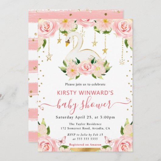 水彩エレガントフローラ白鳥ベビーシャワー 招待状 (正面/裏面)