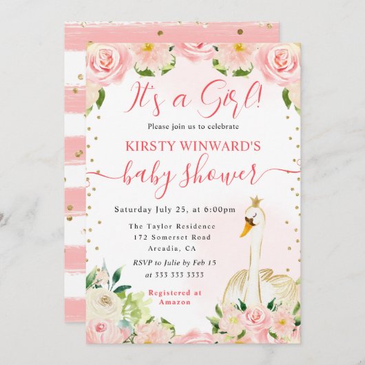 水彩エレガントフローラ白鳥ベビーシャワー 招待状 (正面/裏面)