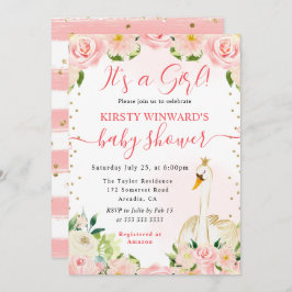 水彩エレガントフローラ白鳥ベビーシャワー 招待状