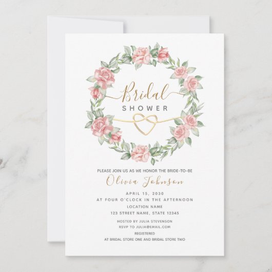 水彩エレガントフローラ赤面ブライダルシャワー 招待状 (正面)