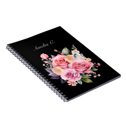 水彩エレガントローズブーケブラックノートブック ノートブック (右側)