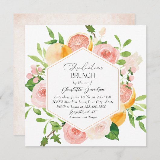 水彩エレガント柑橘系ピンク花卒業式 招待状 (正面/裏面)