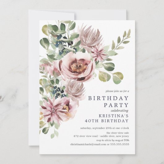 水彩エレガント牡丹フローラ誕生会 招待状 (正面)