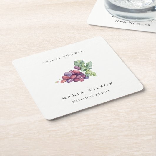水彩エレガント葡萄の葉ブライダルシャワー スクエアペーパーコースター (アングル)