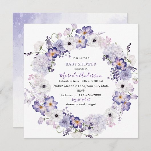 水彩エレガント薄紫花赤ちゃん シーズンカード (正面/裏面)