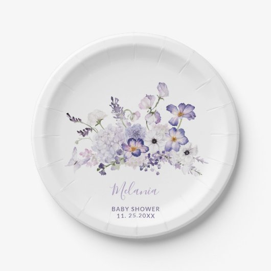 水彩エレガント薄紫花赤ちゃん ペーパープレート (正面)