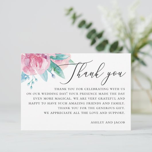 水彩エレガント赤面ピンクフローラ結婚ズ サンキューカード (スタンド正面)
