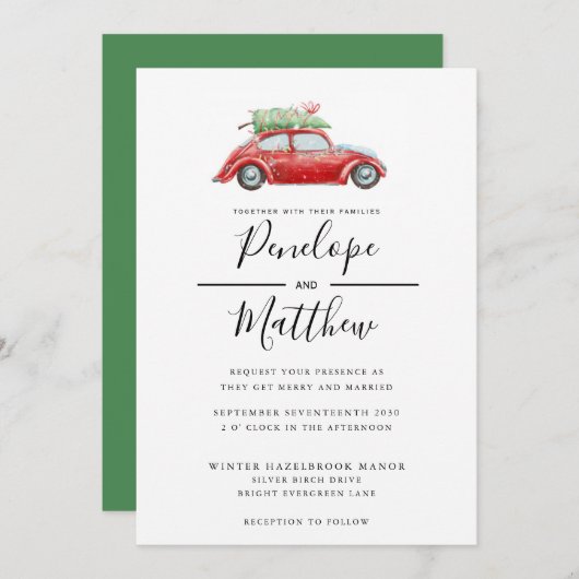 水彩エレガント車素朴のクリス結婚マス 招待状 (正面/裏面)