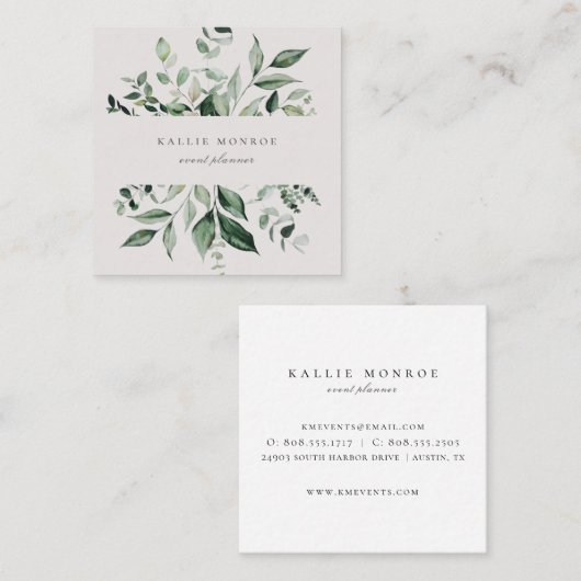 水彩エレガント野生の葉サンディベージュ スクエア名刺 (正面/裏面)