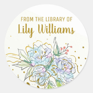 水彩エレガント金ゴールドフローラライブラリ蔵書票 ラウンドシール