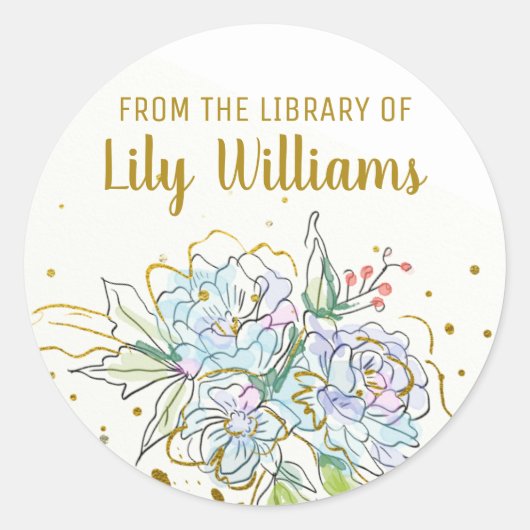 水彩エレガント金ゴールドフローラライブラリ蔵書票 ラウンドシール (正面)