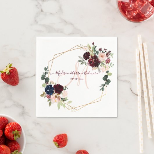 水彩エレガント開花赤面ブルゴーニュモノグラム スタンダードカクテルナプキン (インサイチュ)