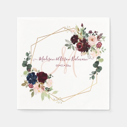 水彩エレガント開花赤面ブルゴーニュモノグラム スタンダードカクテルナプキン (正面)