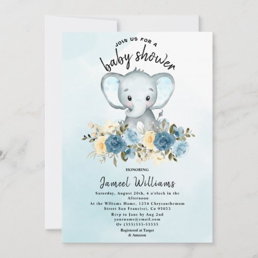 水彩エレファントバライエローブルーベビーシャワー  招待状 (正面)