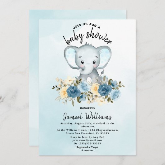 水彩エレファントバライエローブルーベビーシャワー  招待状 (正面/裏面)