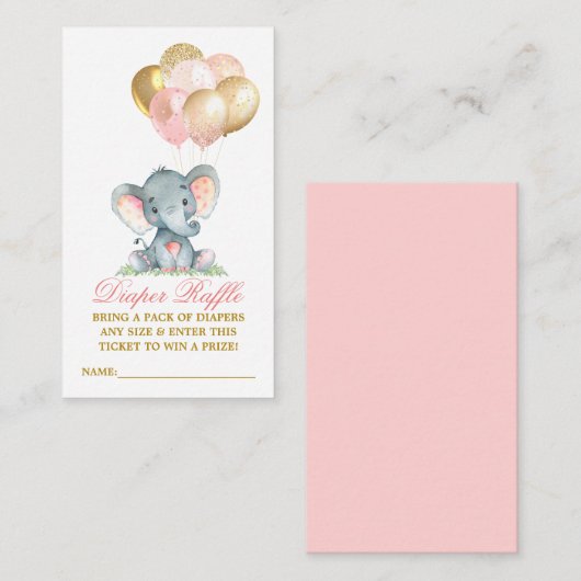 水彩エレファントバルーンピンクおむつラッフル エンクロージャーカード (正面/裏面)