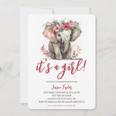 水彩エレファントピンクフローラガールベビーシャワー 招待状 (正面)