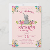 水彩エレファントピンクフローラガール1st誕生日 招待状 (正面)
