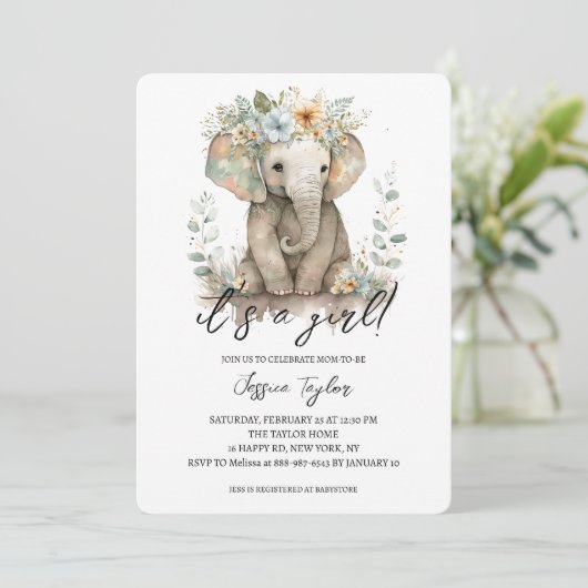 水彩エレファントピーチフローラガールベビーシャワー 招待状 (スタンド正面)