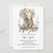 水彩エレファントピーチフローラガールベビーシャワー 招待状 (正面)